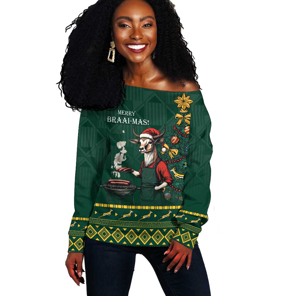Personalised South Africa Off Shoulder Sweater Springbok Christmas Braai LT7