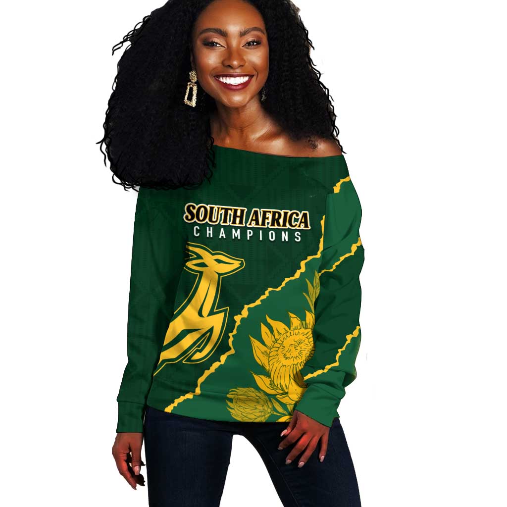 Personalised South Africa Rugby 2023 Off Shoulder Sweater Bokke Champions Kente Ethnic LT7