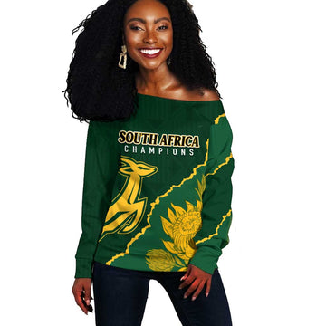 Personalised South Africa Rugby 2023 Off Shoulder Sweater Bokke Champions Kente Ethnic LT7
