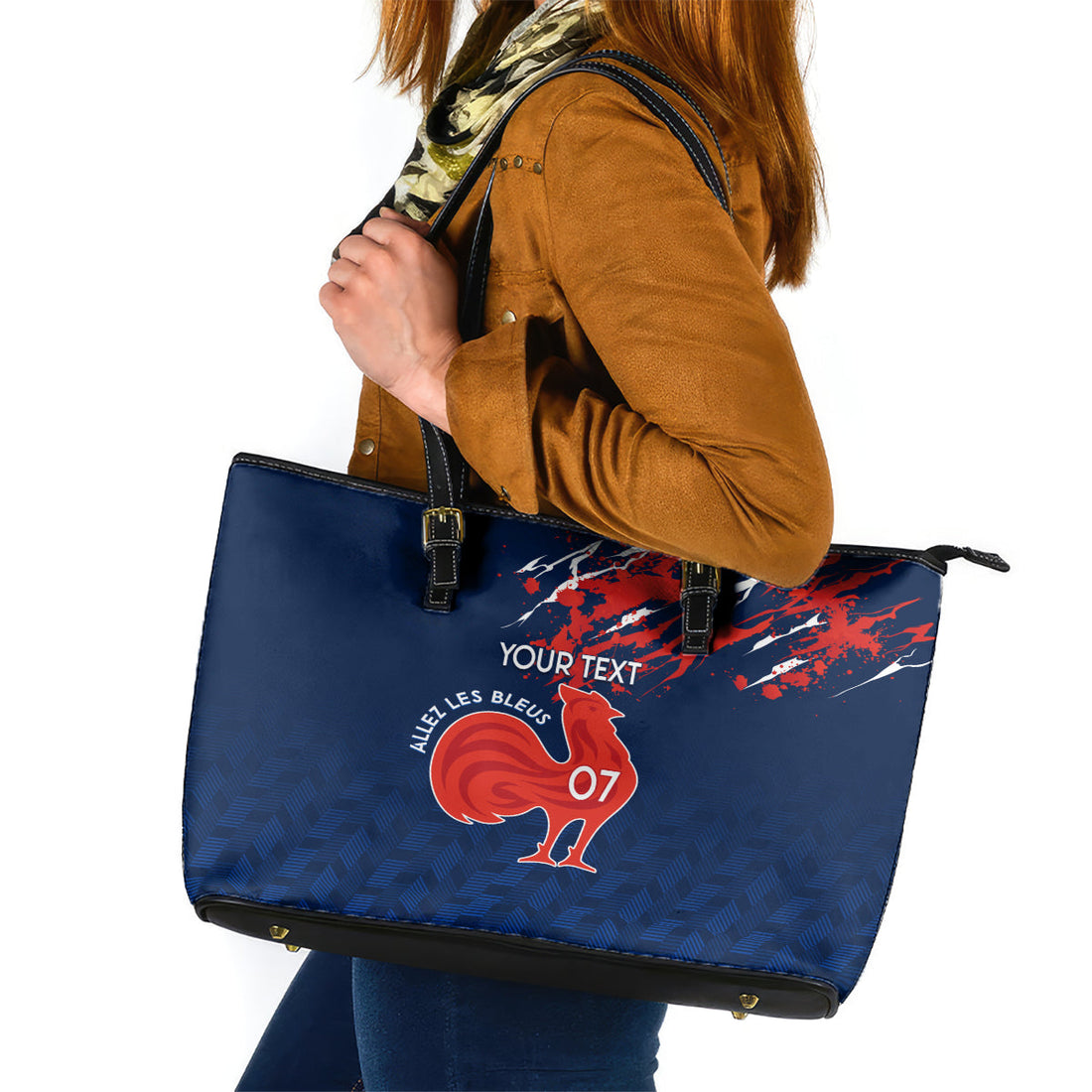 Personalised France Rugby Leather Tote Bag 2023 World Cup Allez Les Bleus Grunge Style LT7