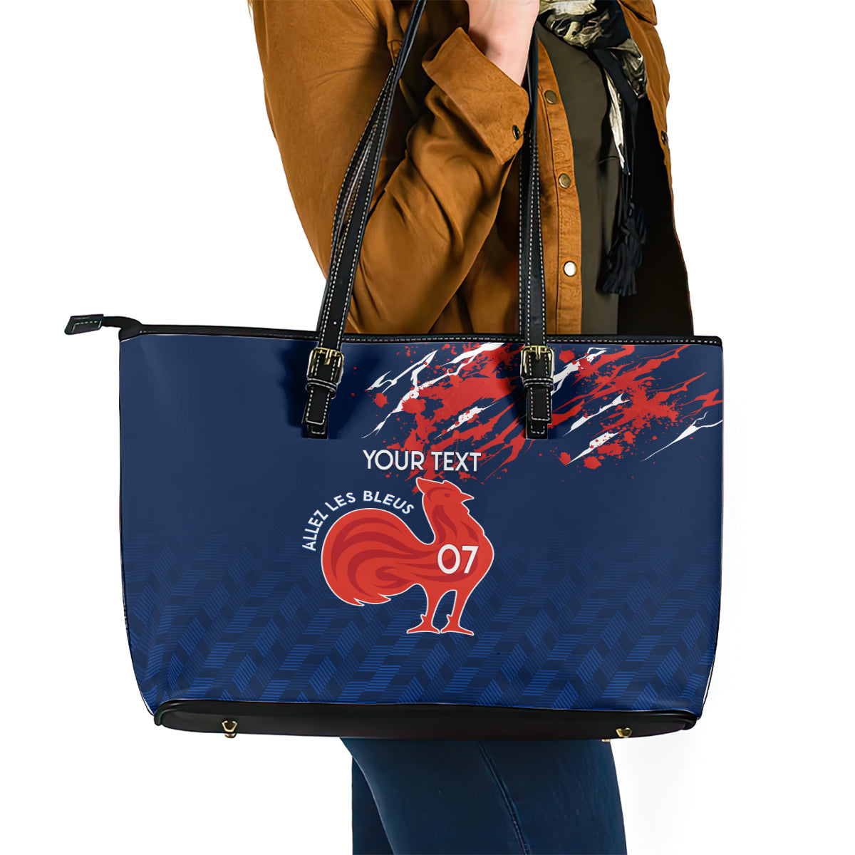 Personalised France Rugby Leather Tote Bag 2023 World Cup Allez Les Bleus Grunge Style LT7