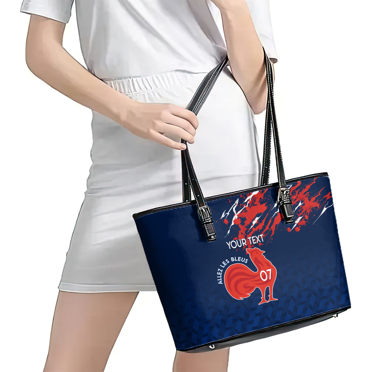 Personalised France Rugby Leather Tote Bag 2023 World Cup Allez Les Bleus Grunge Style LT7
