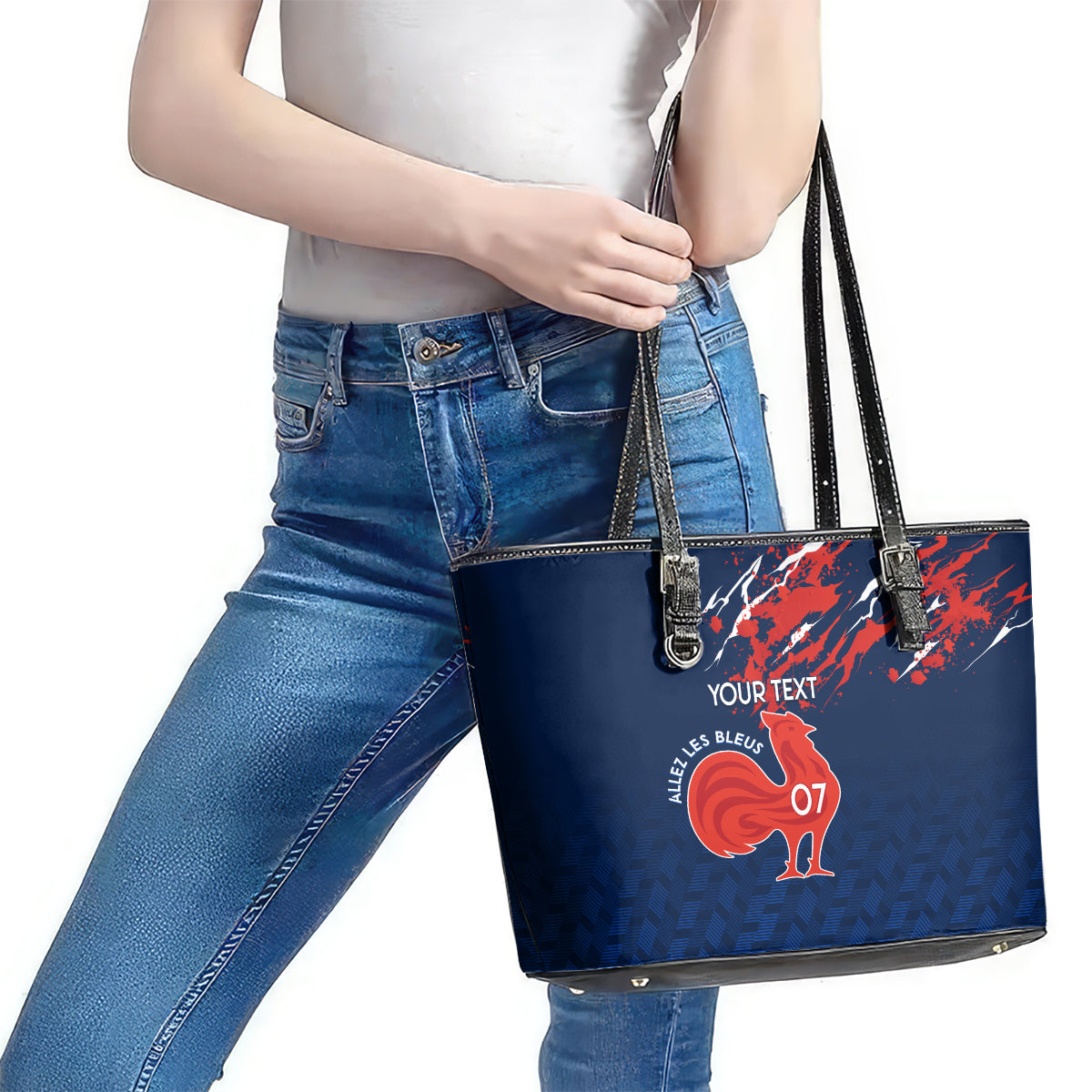 Personalised France Rugby Leather Tote Bag 2023 World Cup Allez Les Bleus Grunge Style LT7