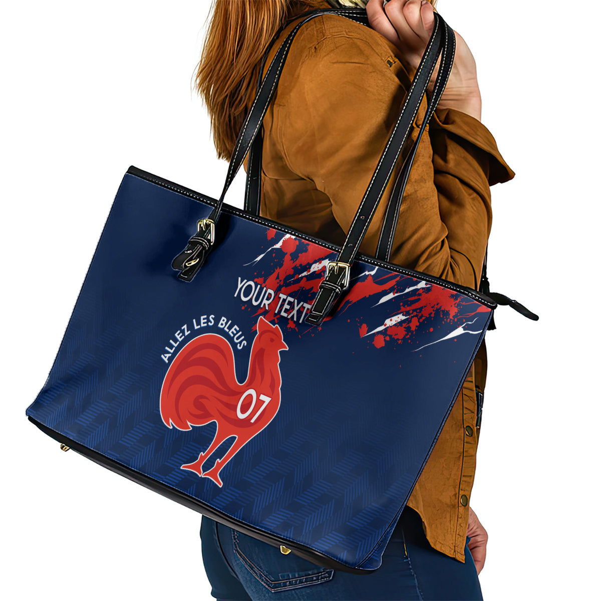 Personalised France Rugby Leather Tote Bag 2023 World Cup Allez Les Bleus Grunge Style LT7