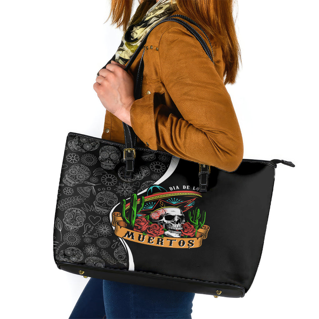 Mexico Day Of The Dead Leather Tote Bag Sombrero Sugar Skull With Roses LT7