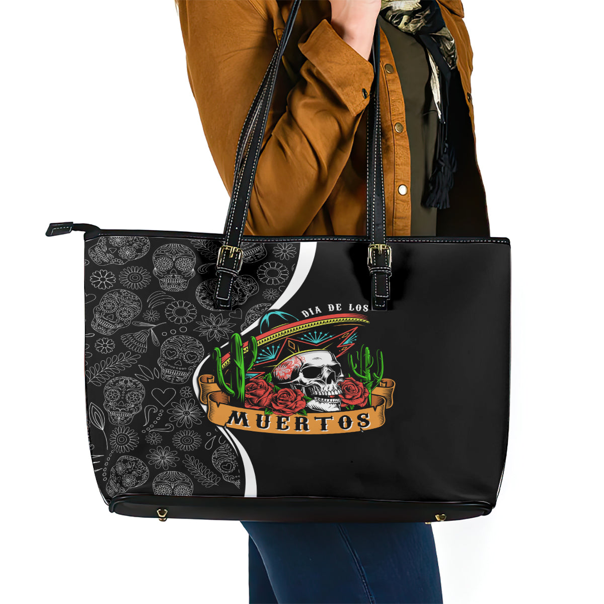 Mexico Day Of The Dead Leather Tote Bag Sombrero Sugar Skull With Roses LT7