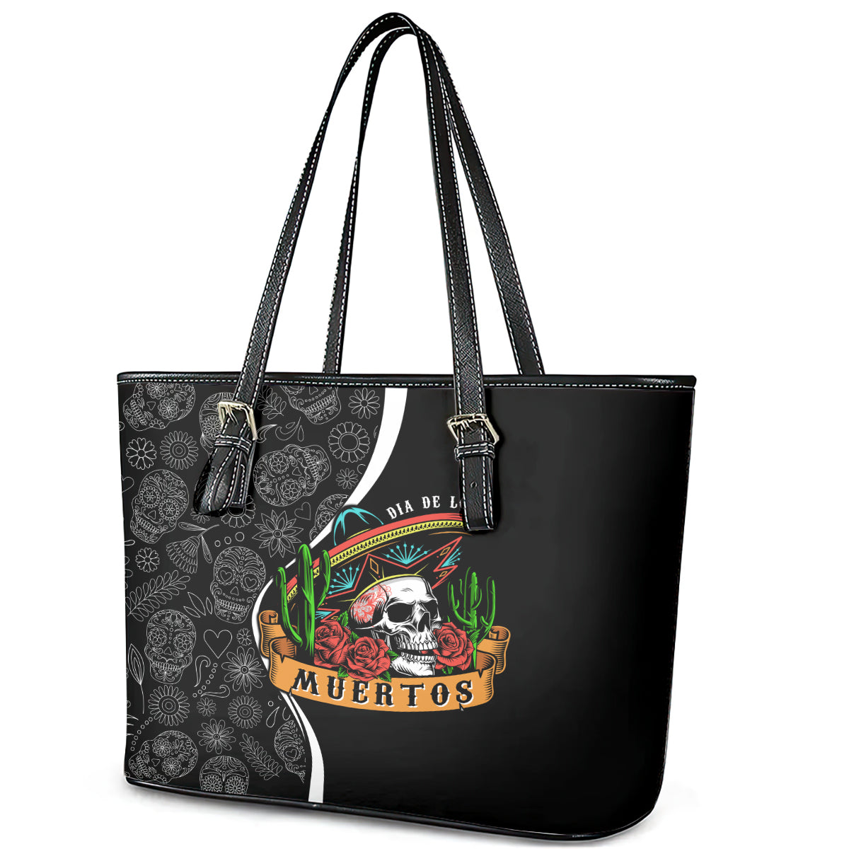 Mexico Day Of The Dead Leather Tote Bag Sombrero Sugar Skull With Roses LT7
