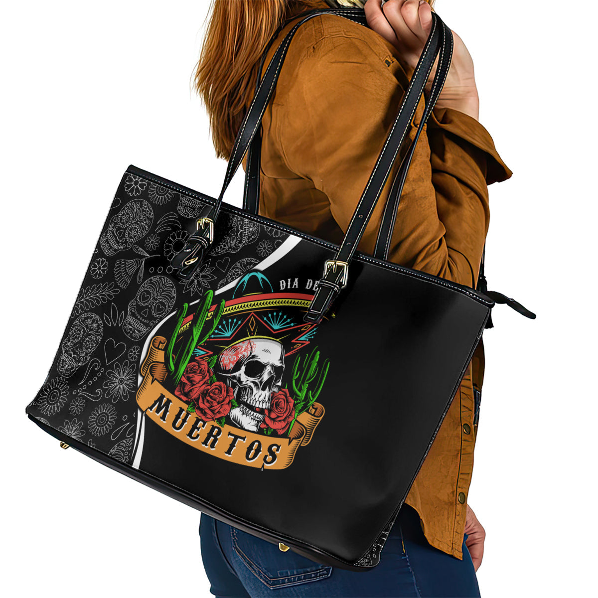 Mexico Day Of The Dead Leather Tote Bag Sombrero Sugar Skull With Roses LT7