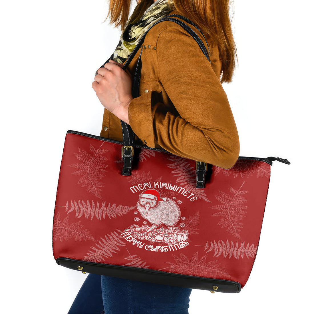 New Zealand Christmas Leather Tote Bag Silver Fern Mix Kiwi Bird Ver01 LT7