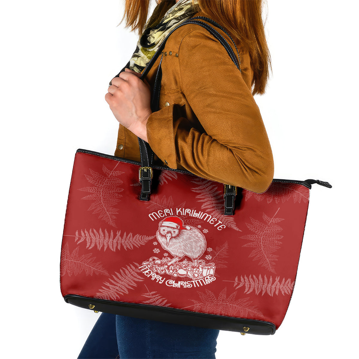 New Zealand Christmas Leather Tote Bag Silver Fern Mix Kiwi Bird Ver01 LT7