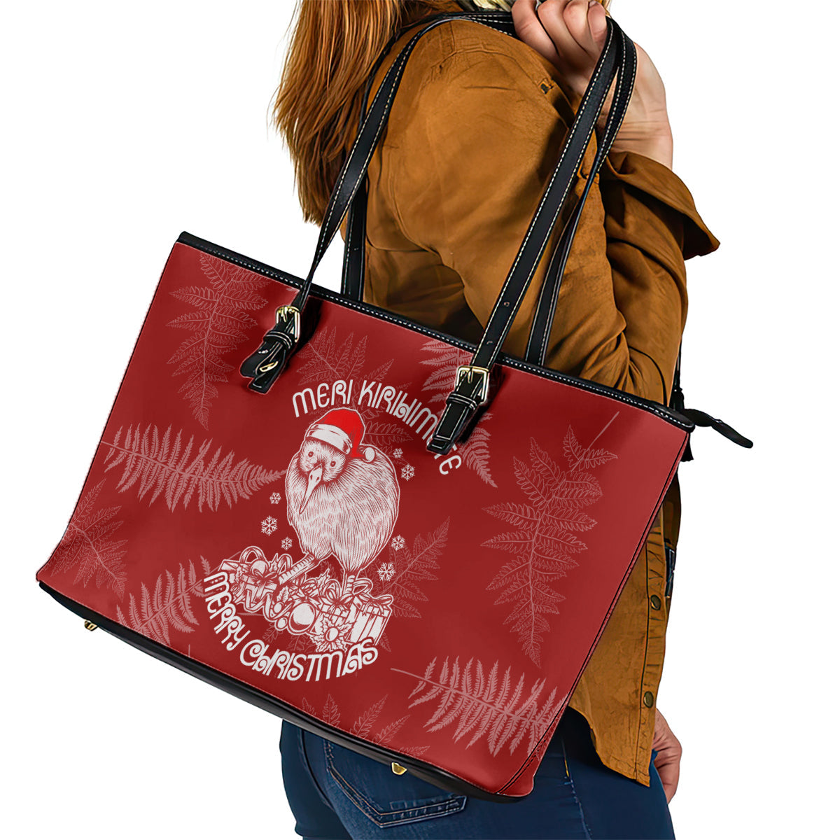 New Zealand Christmas Leather Tote Bag Silver Fern Mix Kiwi Bird Ver01 LT7