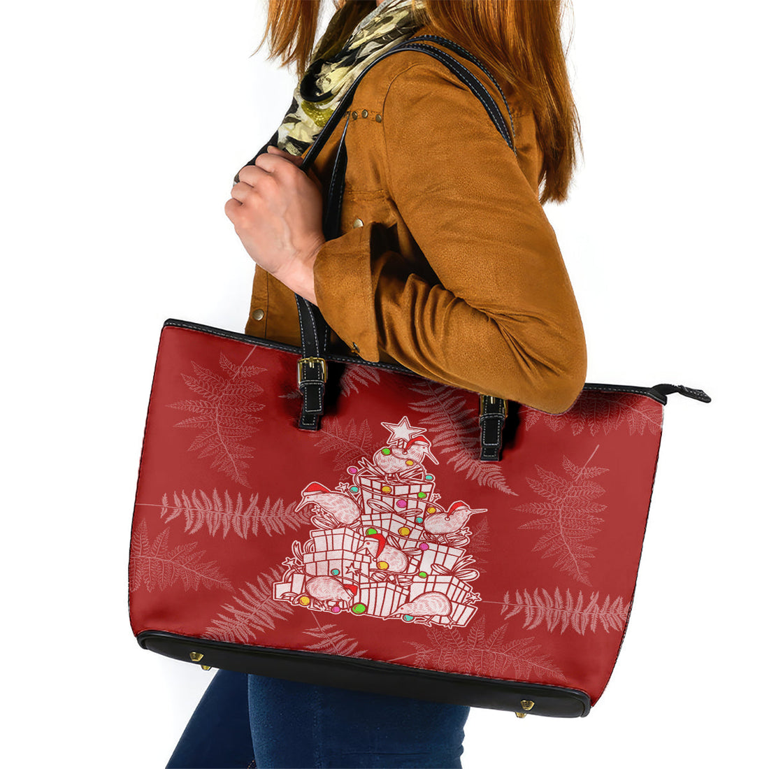 New Zealand Christmas Leather Tote Bag Silver Fern Mix Kiwi Bird Ver02 LT7