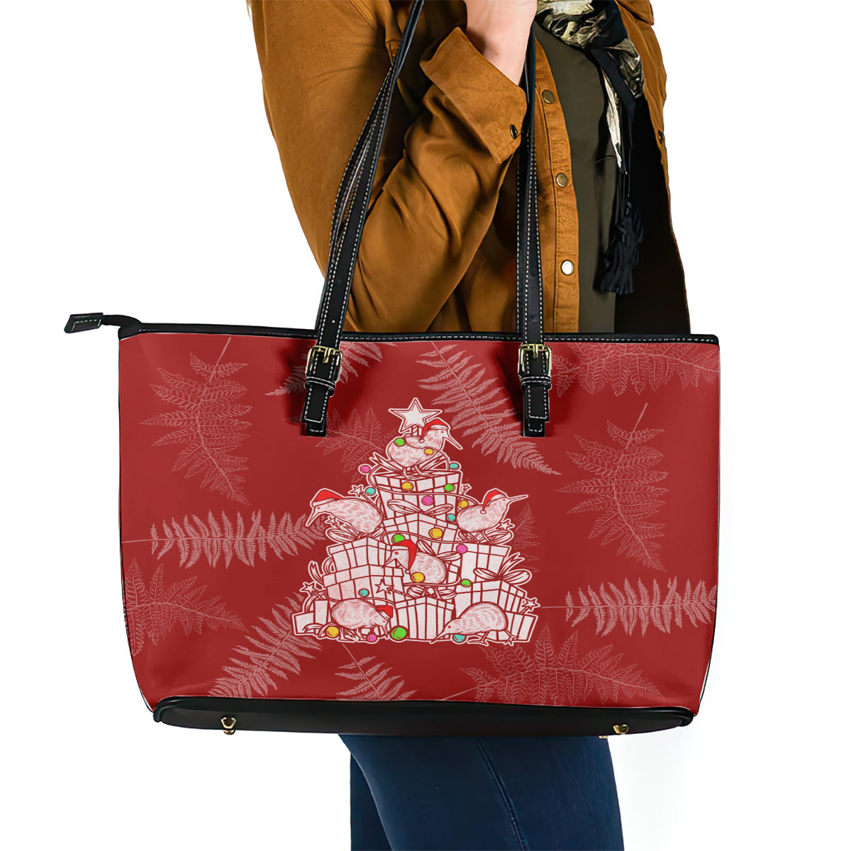 New Zealand Christmas Leather Tote Bag Silver Fern Mix Kiwi Bird Ver02 LT7