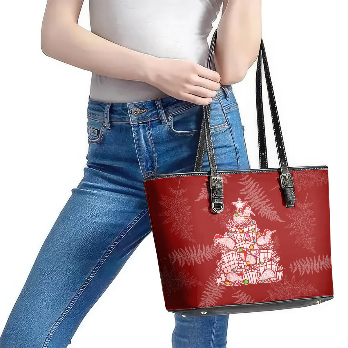 New Zealand Christmas Leather Tote Bag Silver Fern Mix Kiwi Bird Ver02 LT7