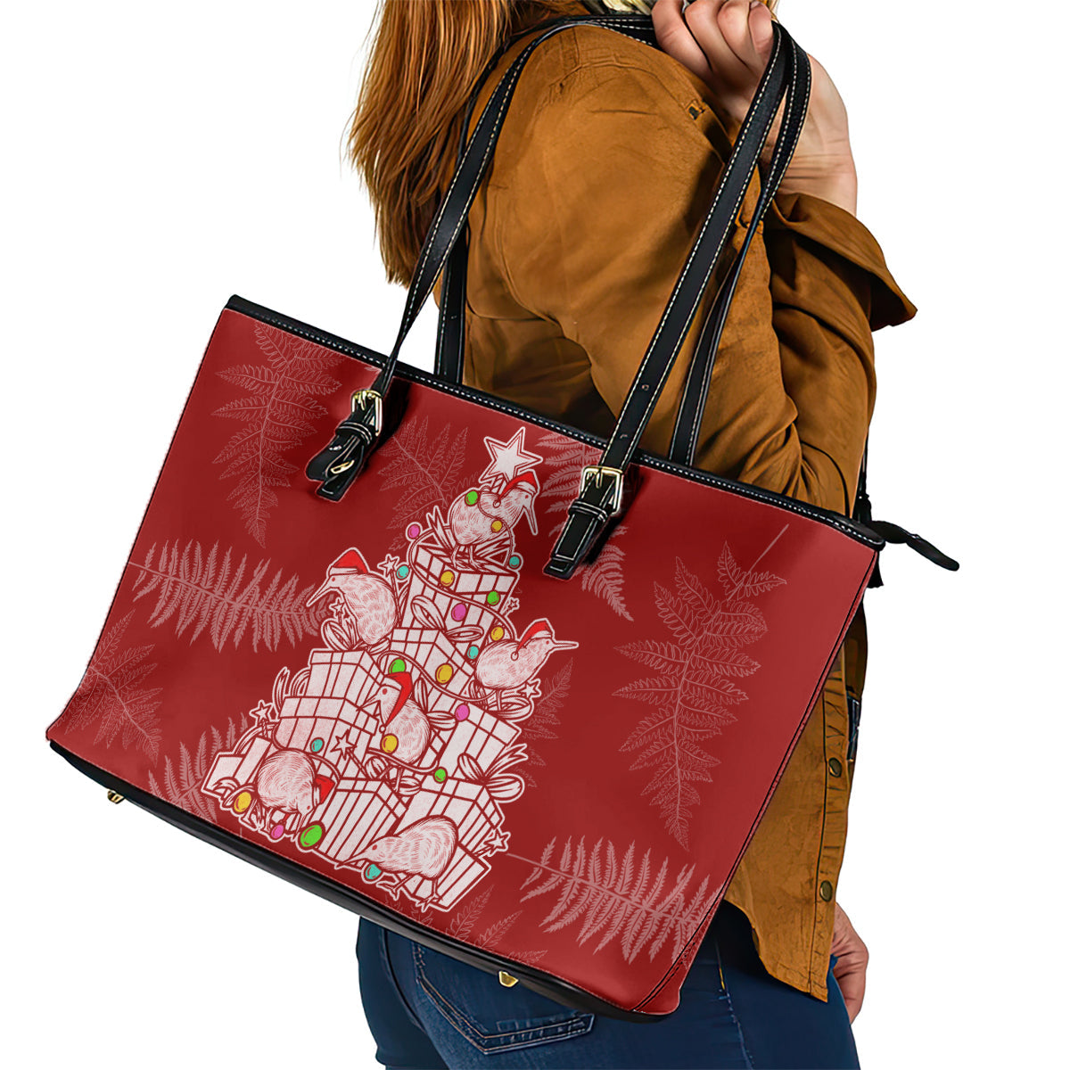 New Zealand Christmas Leather Tote Bag Silver Fern Mix Kiwi Bird Ver02 LT7