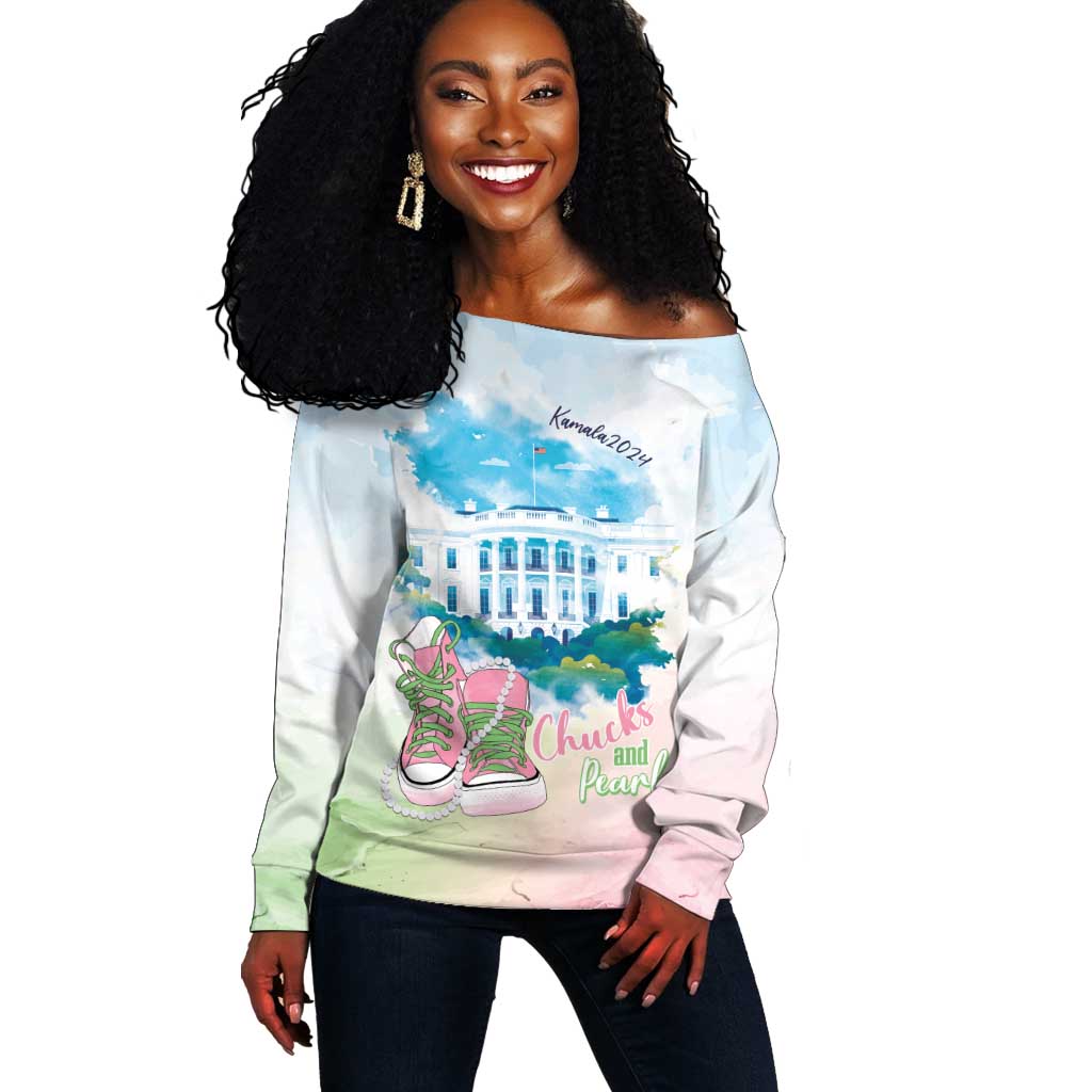 Chucks N Pearls 2024 Off Shoulder Sweater Pink Green Rocking The World LT7