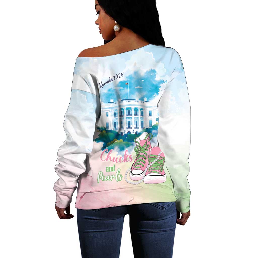 Chucks N Pearls 2024 Off Shoulder Sweater Pink Green Rocking The World LT7