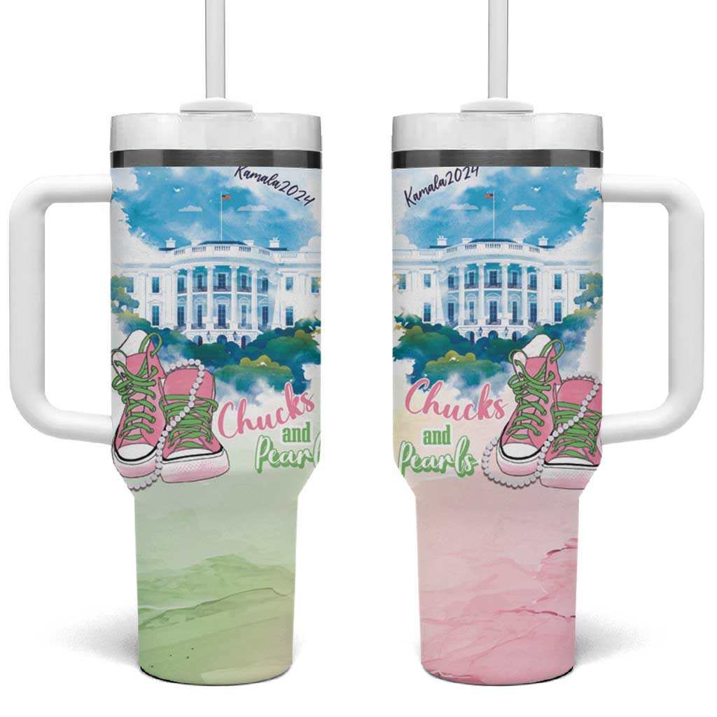 Chucks N Pearls 2024 Tumbler With Handle Pink Green Rocking The World LT7