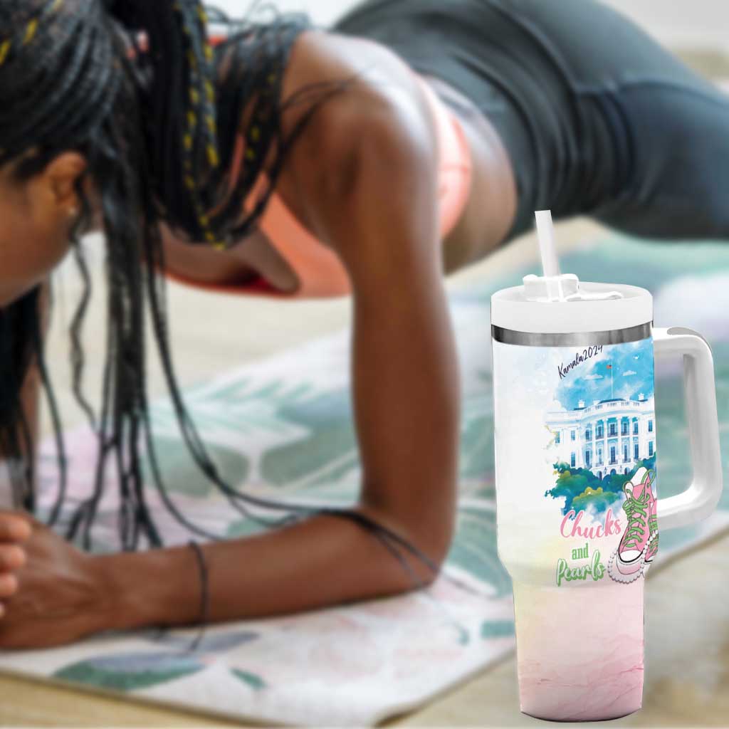 Chucks N Pearls 2024 Tumbler With Handle Pink Green Rocking The World LT7