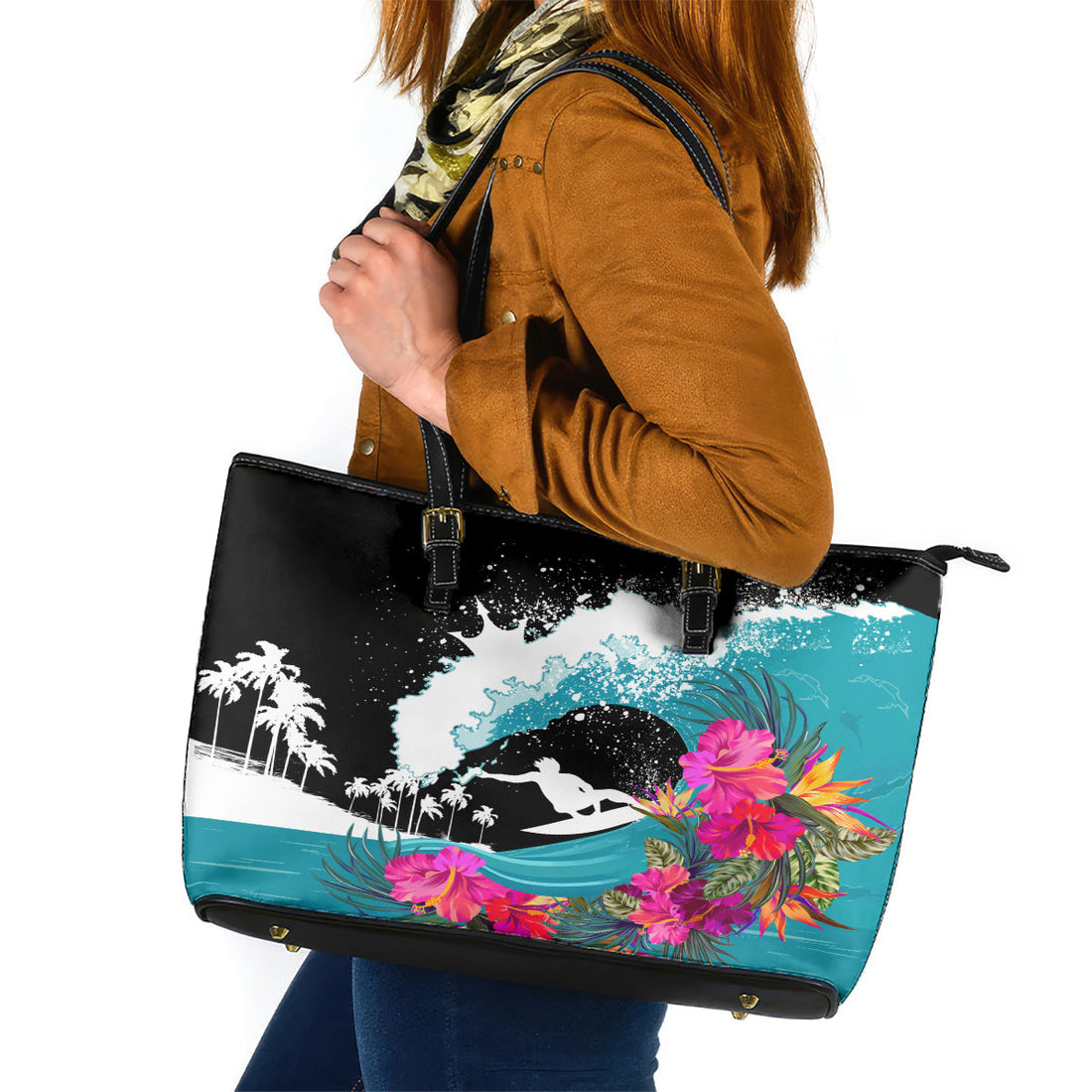 Hawaii Surfing Leather Tote Bag Triple Crown Rides The Waves LT7