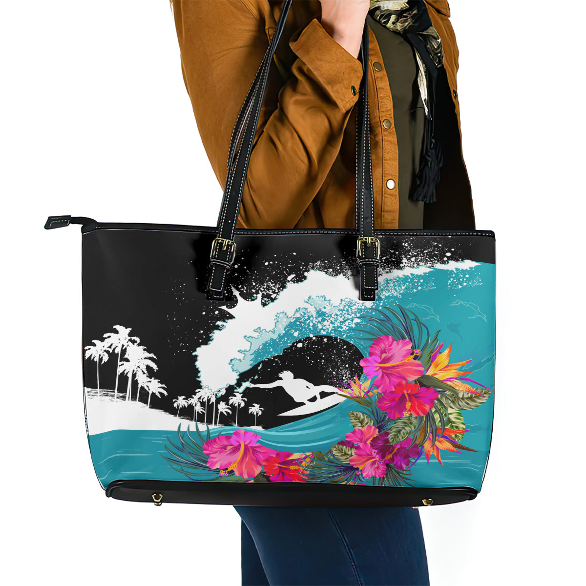 Hawaii Surfing Leather Tote Bag Triple Crown Rides The Waves LT7