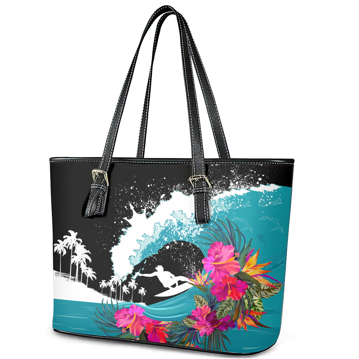 Hawaii Surfing Leather Tote Bag Triple Crown Rides The Waves LT7