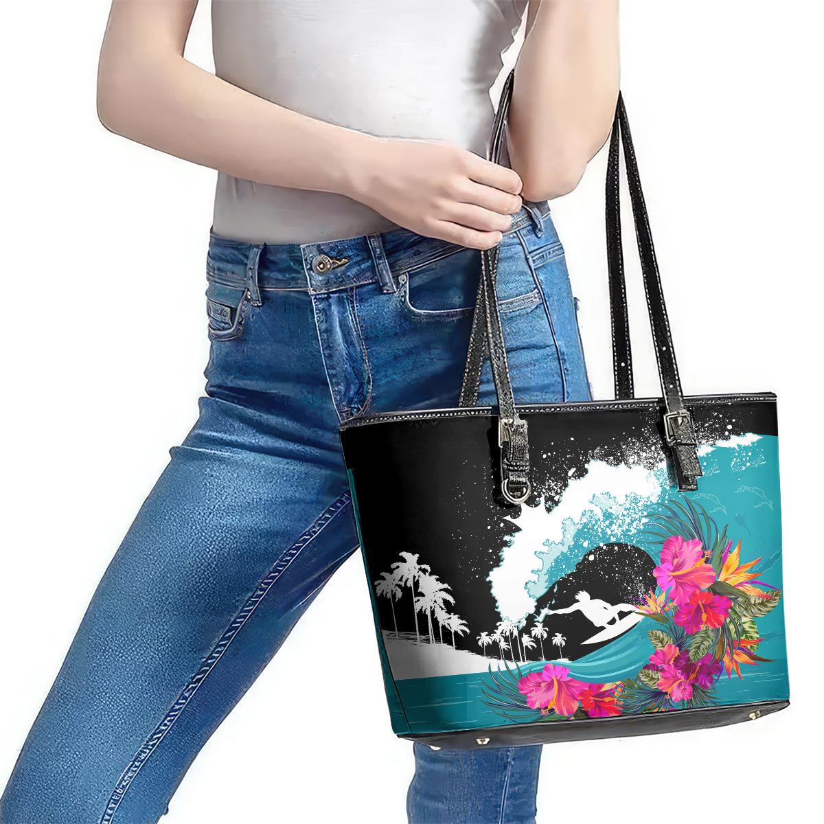 Hawaii Surfing Leather Tote Bag Triple Crown Rides The Waves LT7