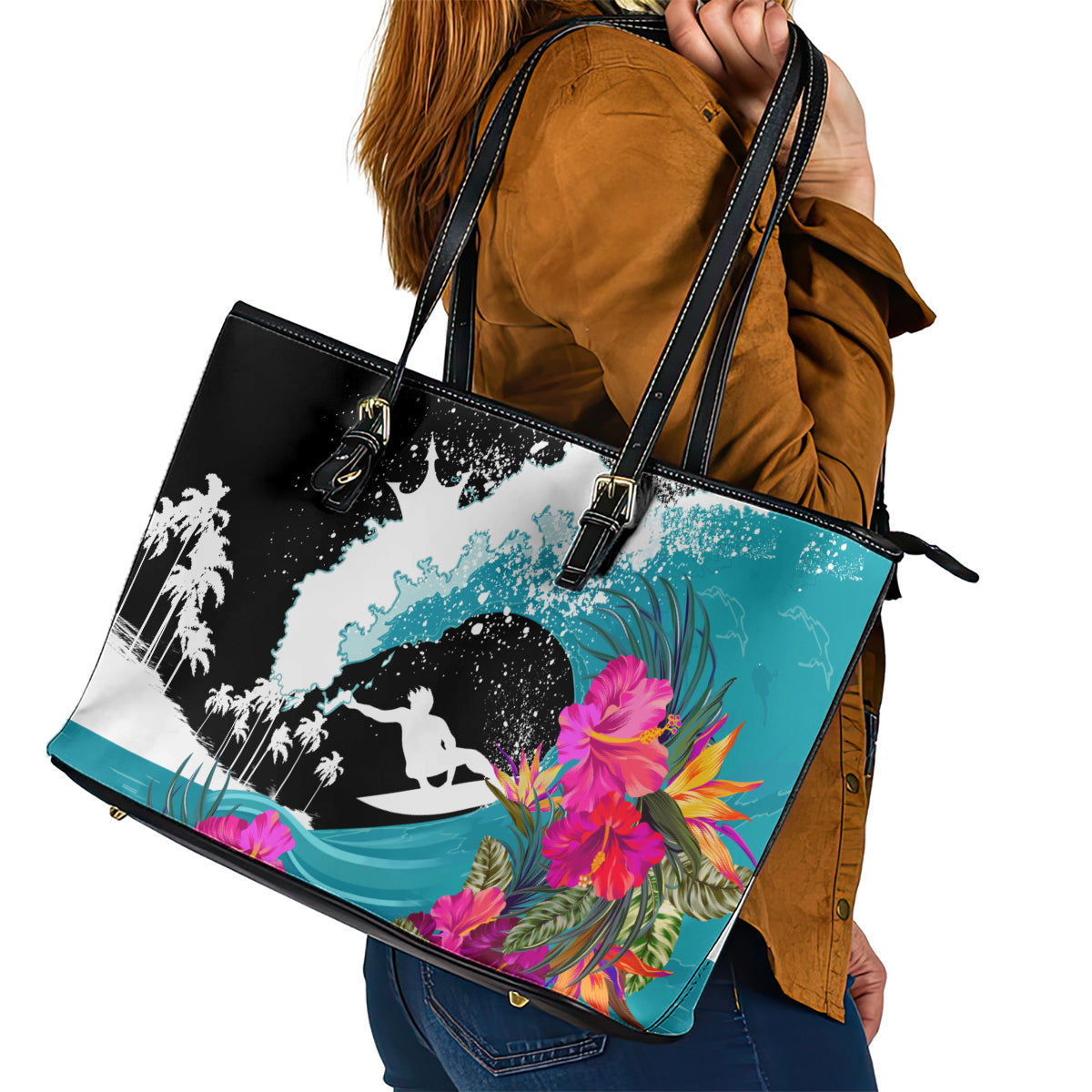 Hawaii Surfing Leather Tote Bag Triple Crown Rides The Waves LT7