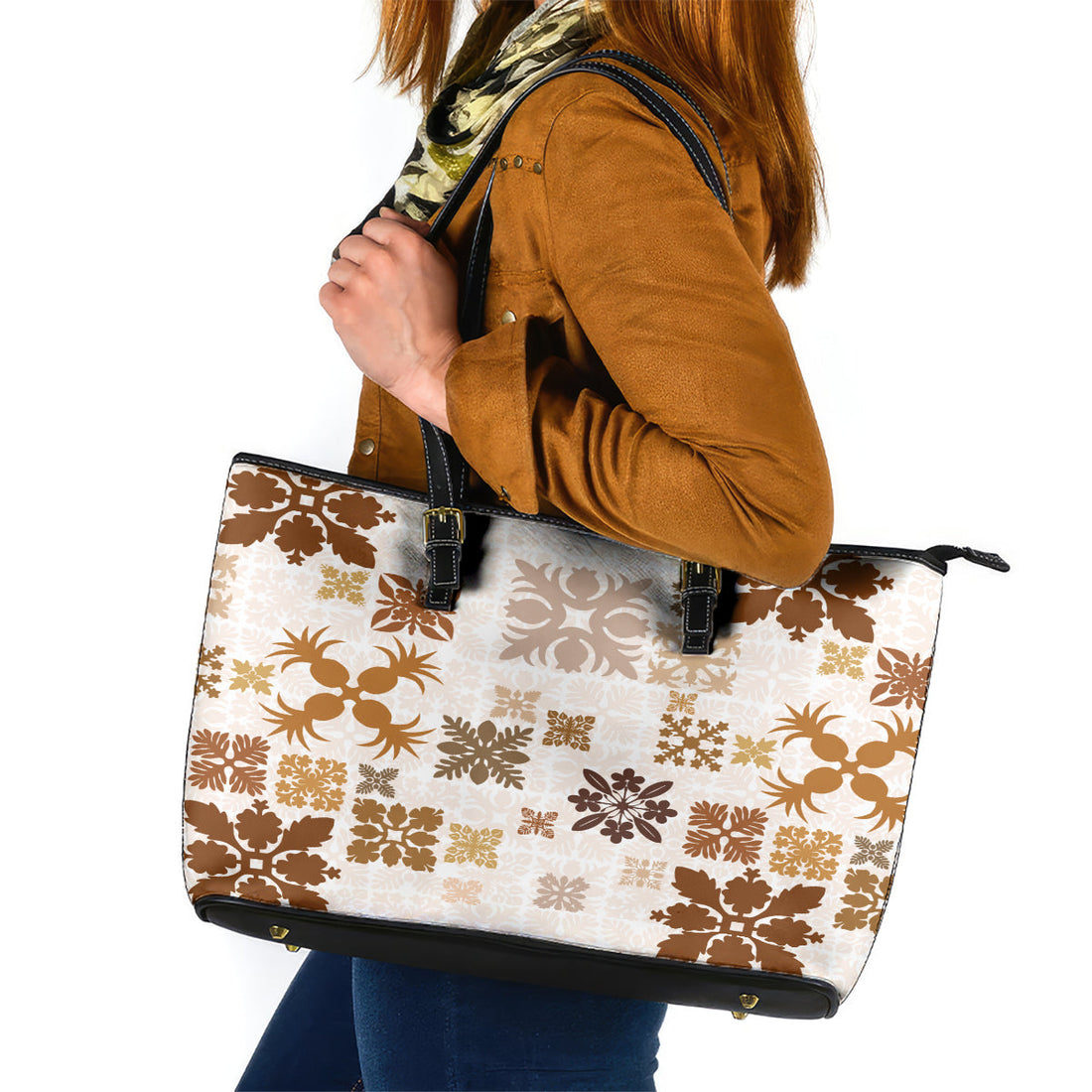 Vintage Hawaii Leather Tote Bag Hawaiian Quilt Kapa Mismatch Beige LT7