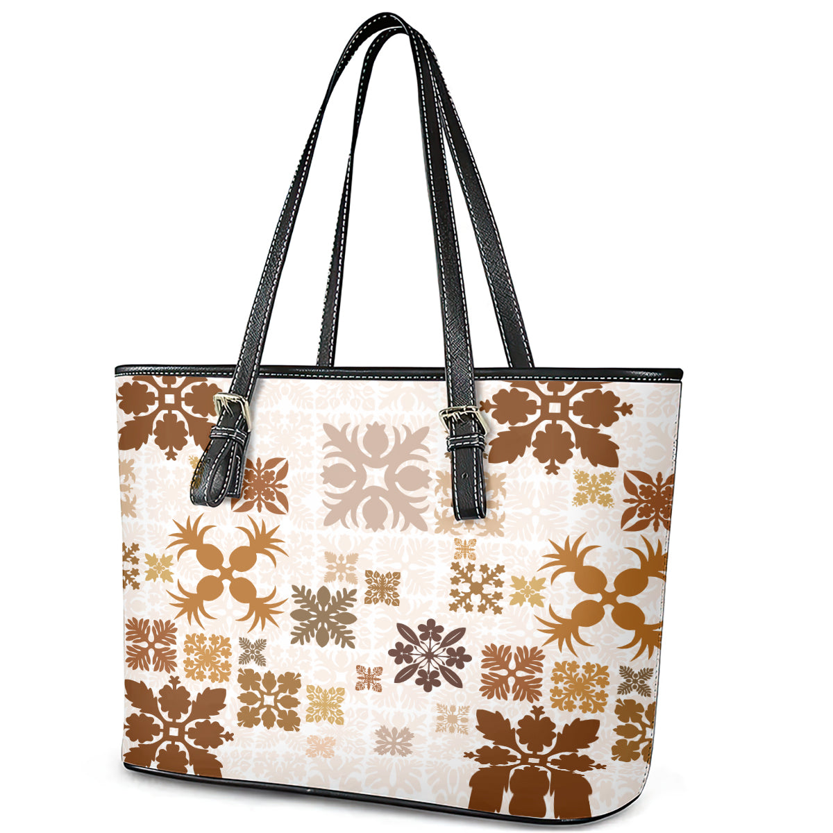 Vintage Hawaii Leather Tote Bag Hawaiian Quilt Kapa Mismatch Beige LT7