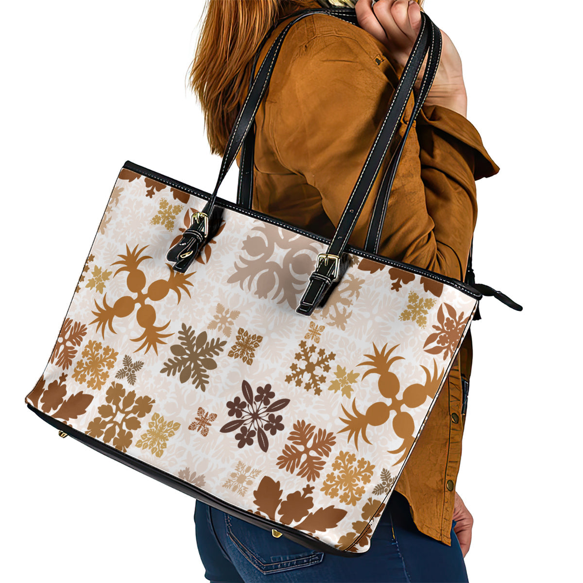 Vintage Hawaii Leather Tote Bag Hawaiian Quilt Kapa Mismatch Beige LT7