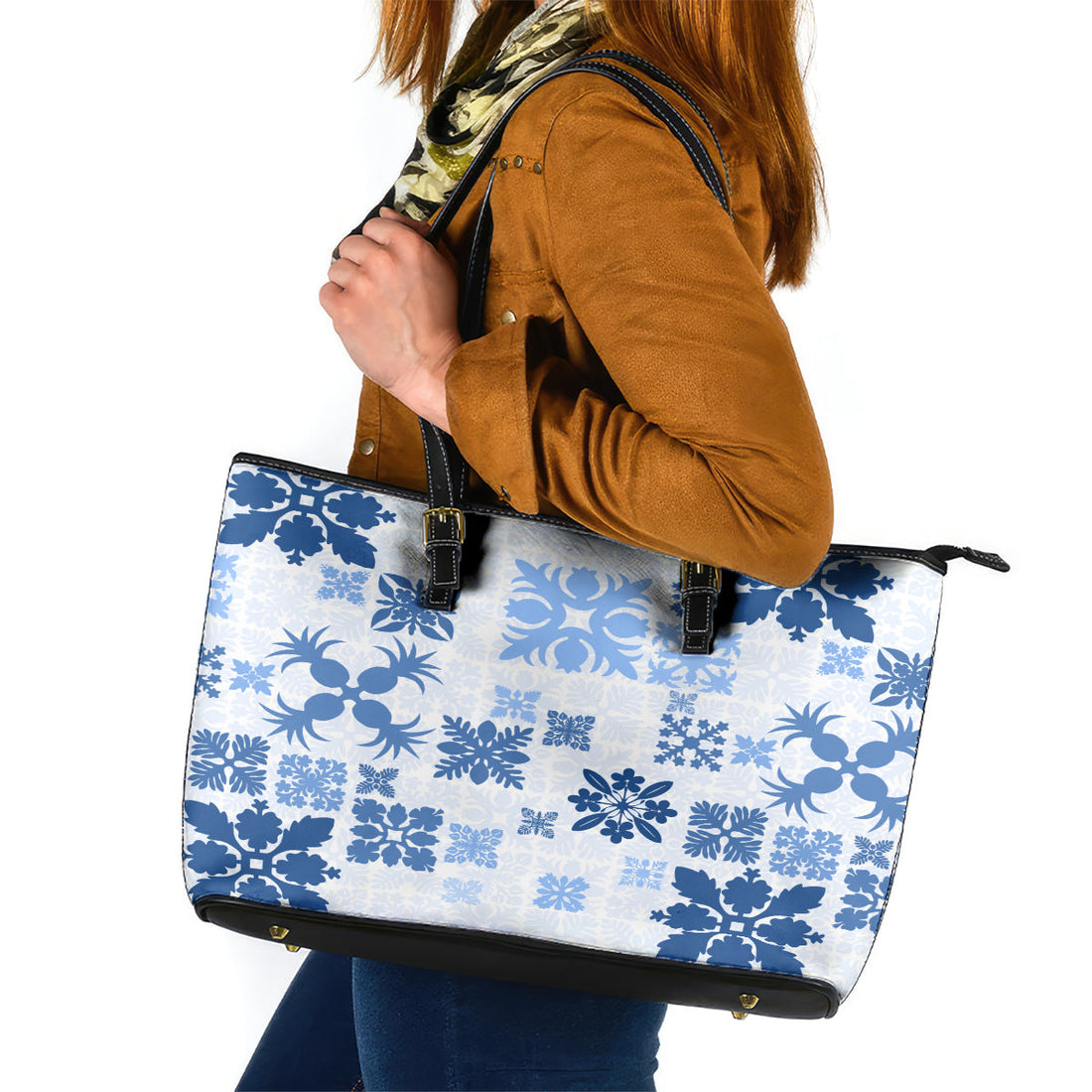 Vintage Hawaii Leather Tote Bag Hawaiian Quilt Kapa Mismatch Blue LT7