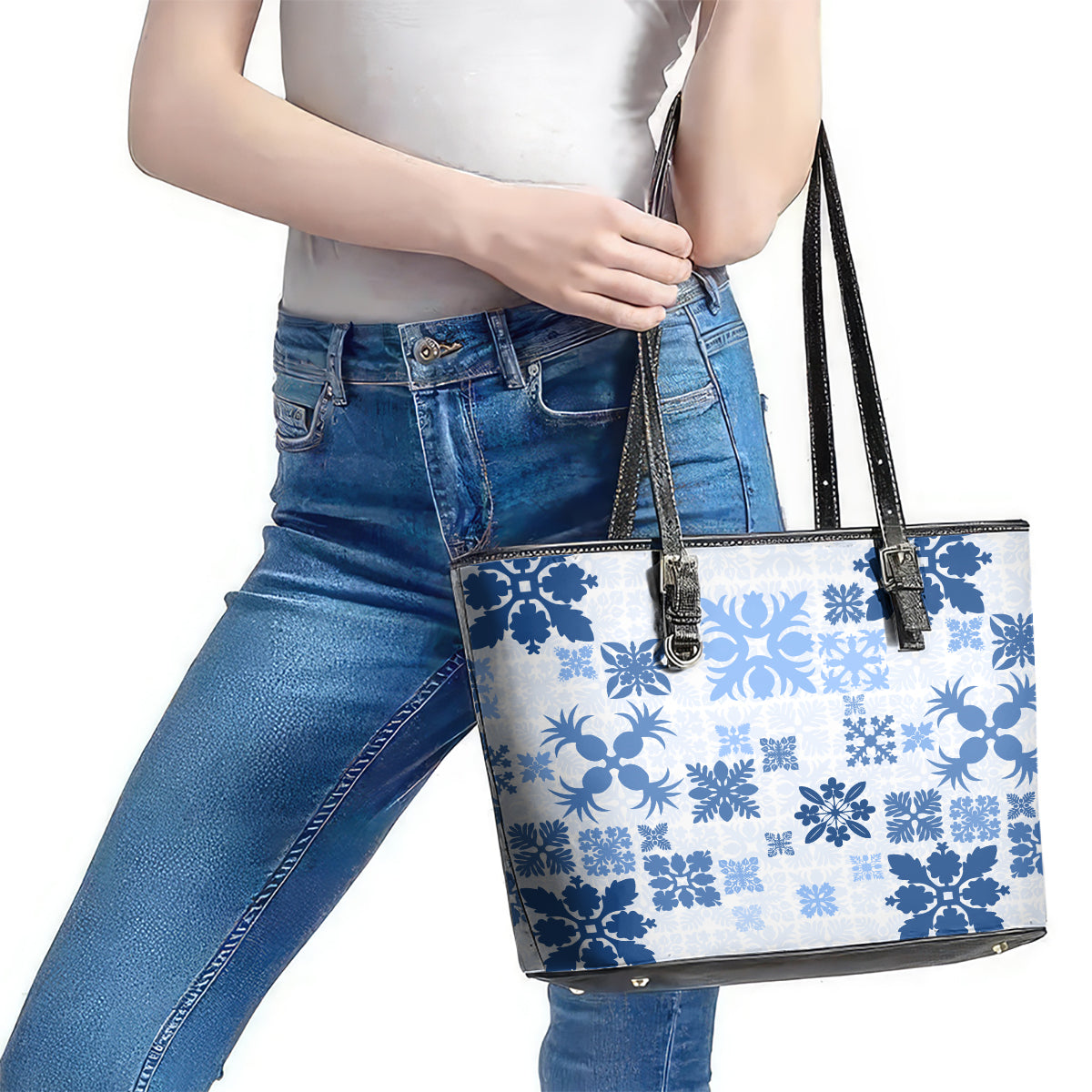 Vintage Hawaii Leather Tote Bag Hawaiian Quilt Kapa Mismatch Blue LT7