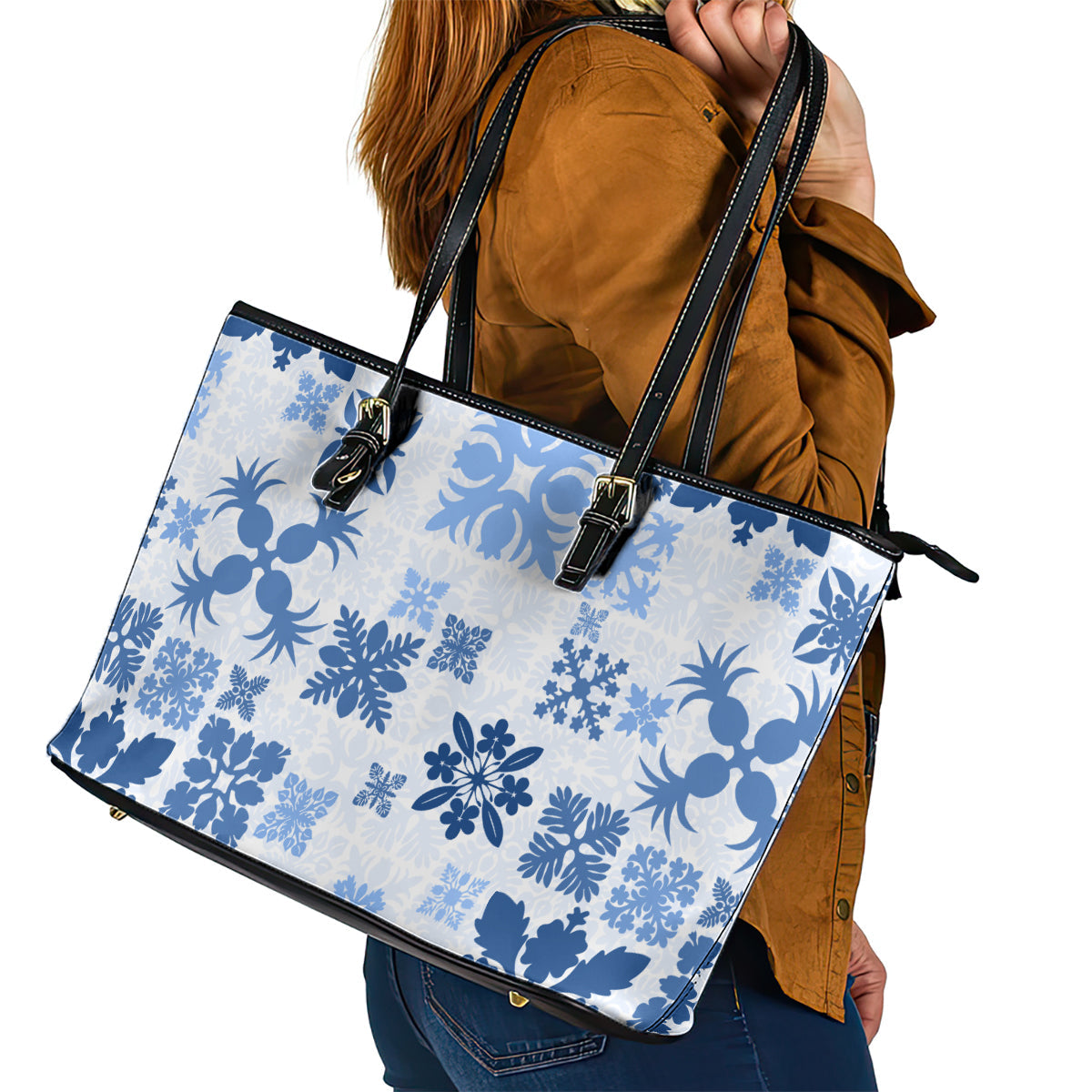 Vintage Hawaii Leather Tote Bag Hawaiian Quilt Kapa Mismatch Blue LT7