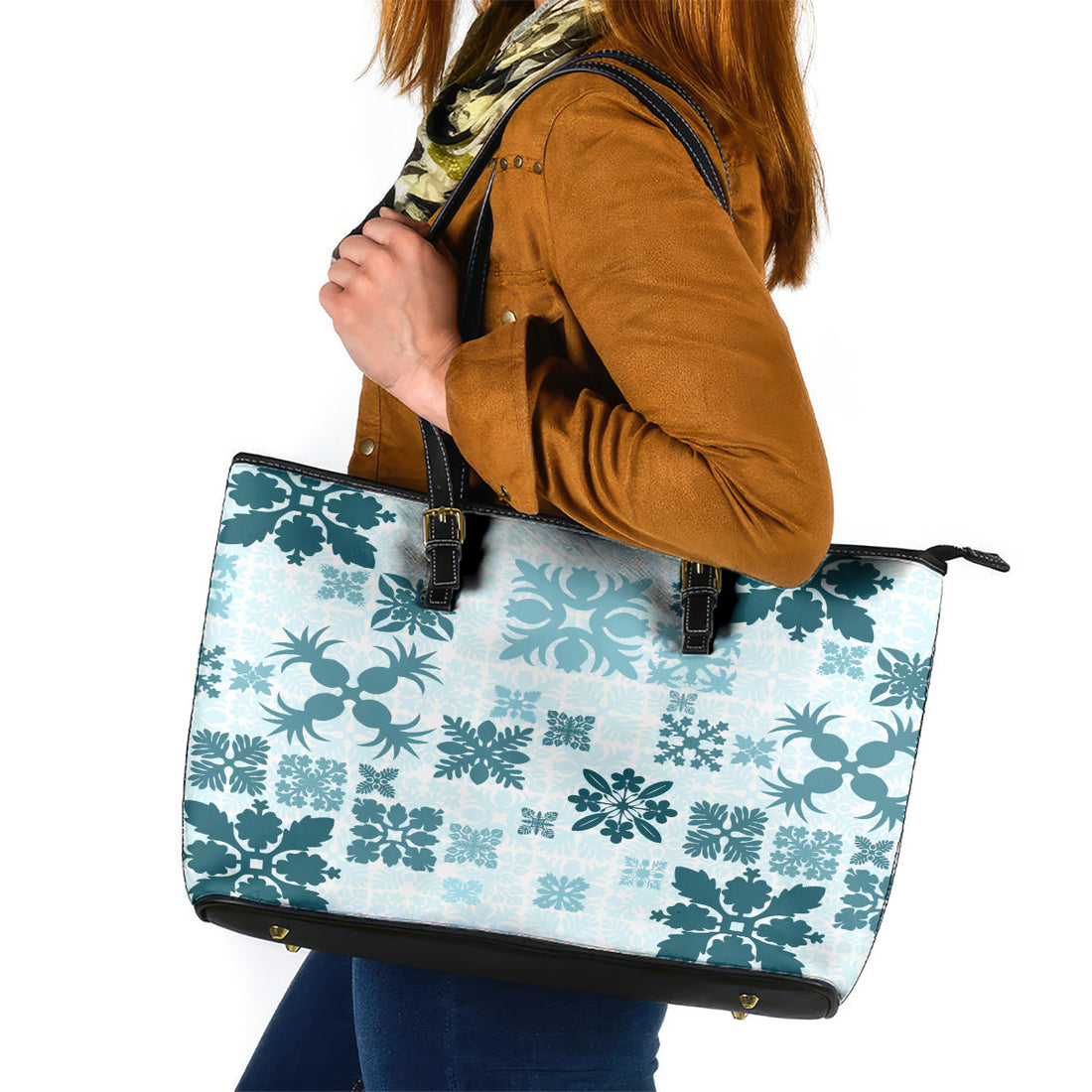 Vintage Hawaii Leather Tote Bag Hawaiian Quilt Kapa Mismatch Teal LT7