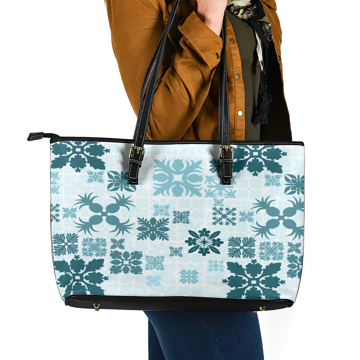 Vintage Hawaii Leather Tote Bag Hawaiian Quilt Kapa Mismatch Teal LT7