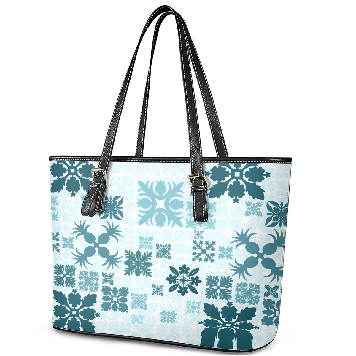 Vintage Hawaii Leather Tote Bag Hawaiian Quilt Kapa Mismatch Teal LT7