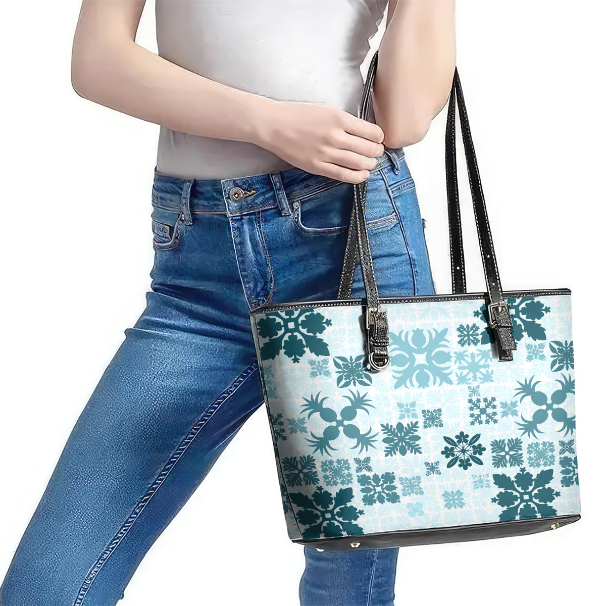 Vintage Hawaii Leather Tote Bag Hawaiian Quilt Kapa Mismatch Teal LT7