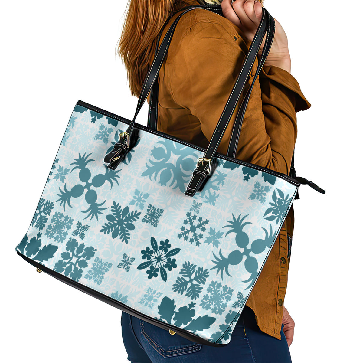 Vintage Hawaii Leather Tote Bag Hawaiian Quilt Kapa Mismatch Teal LT7