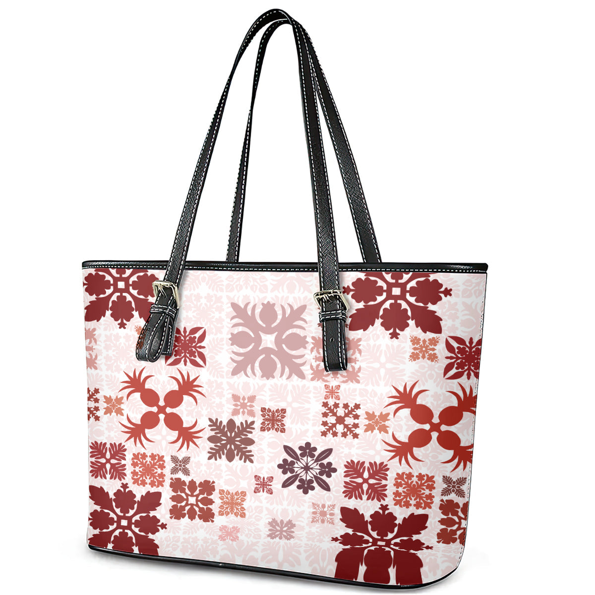 Vintage Hawaii Leather Tote Bag Hawaiian Quilt Kapa Mismatch Red LT7