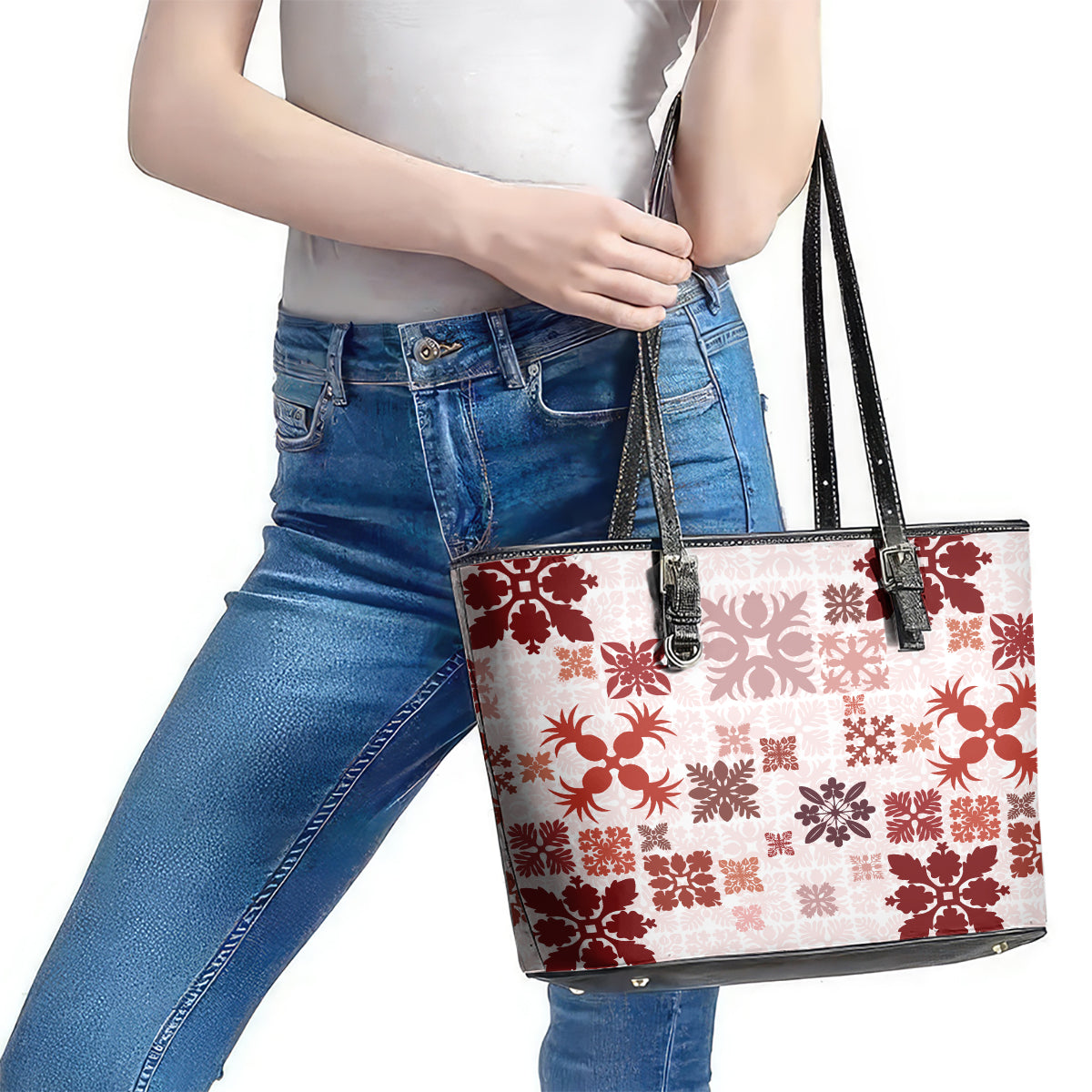 Vintage Hawaii Leather Tote Bag Hawaiian Quilt Kapa Mismatch Red LT7