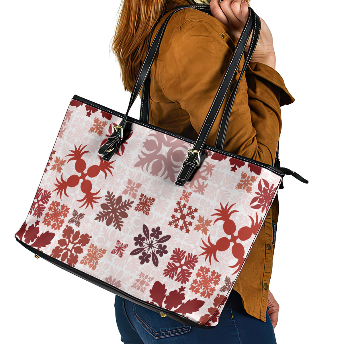 Vintage Hawaii Leather Tote Bag Hawaiian Quilt Kapa Mismatch Red LT7