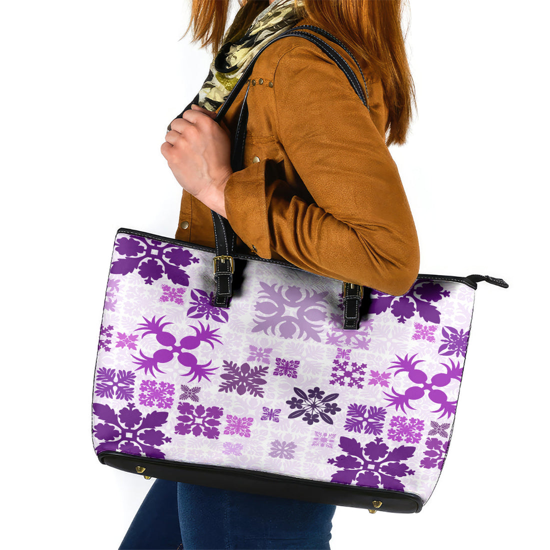 Vintage Hawaii Leather Tote Bag Hawaiian Quilt Kapa Mismatch Purple LT7