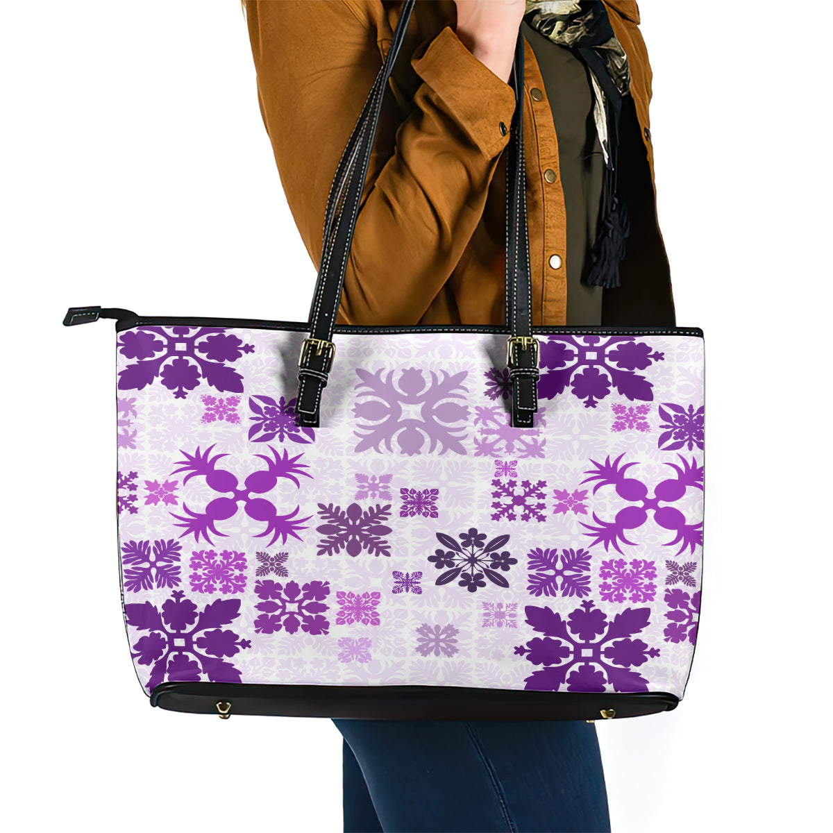 Vintage Hawaii Leather Tote Bag Hawaiian Quilt Kapa Mismatch Purple LT7