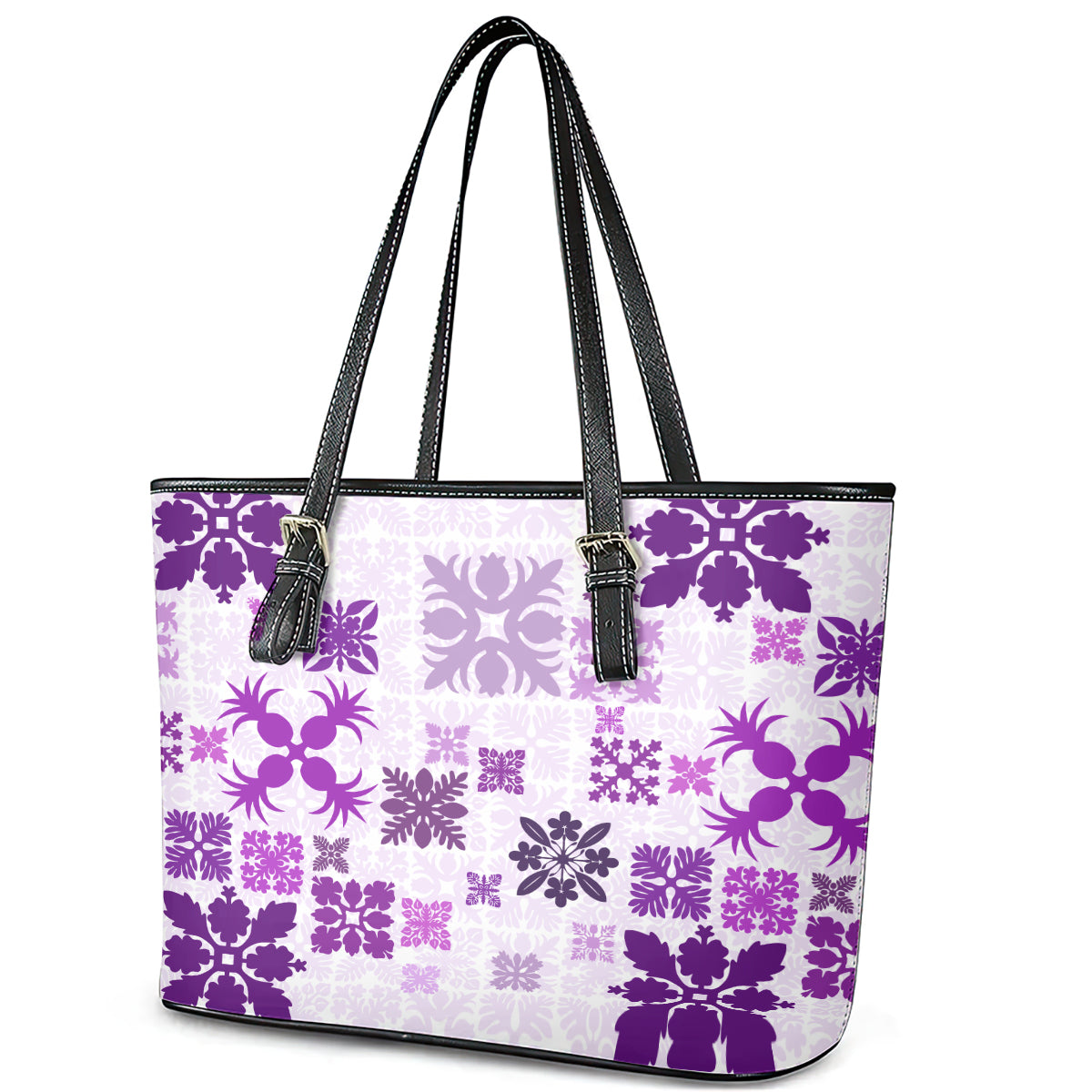 Vintage Hawaii Leather Tote Bag Hawaiian Quilt Kapa Mismatch Purple LT7