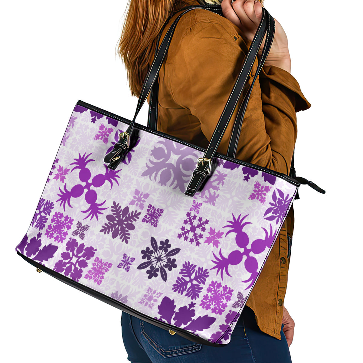 Vintage Hawaii Leather Tote Bag Hawaiian Quilt Kapa Mismatch Purple LT7