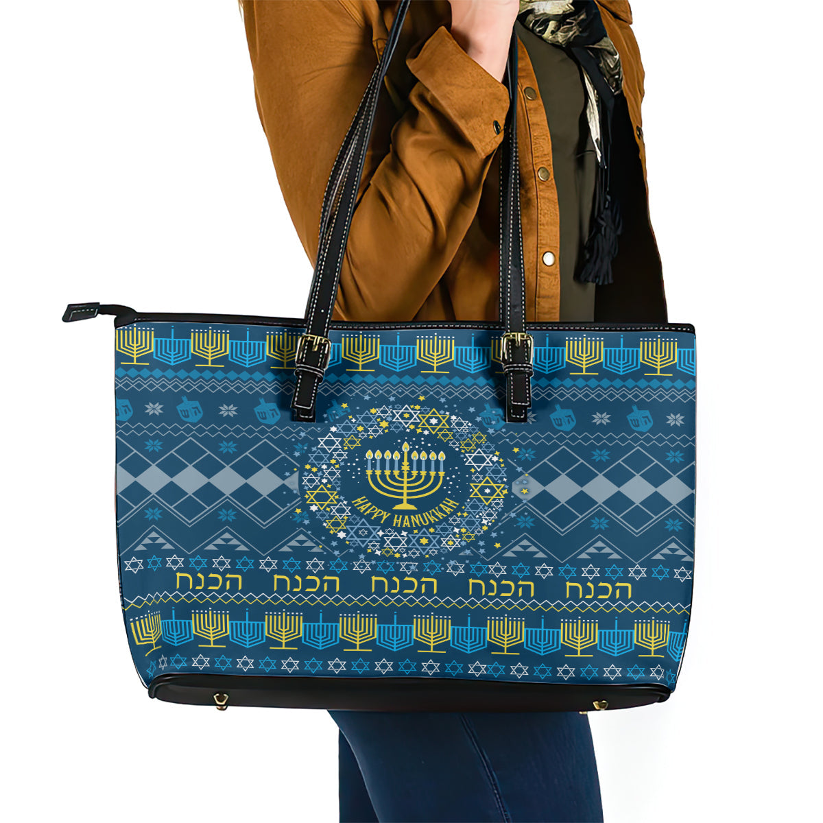 Happy Hanukkah Leather Tote Bag Love and Lights Menorah LT7