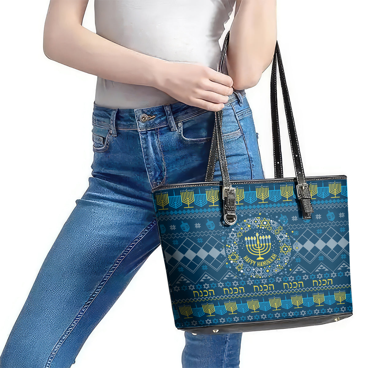 Happy Hanukkah Leather Tote Bag Love and Lights Menorah LT7