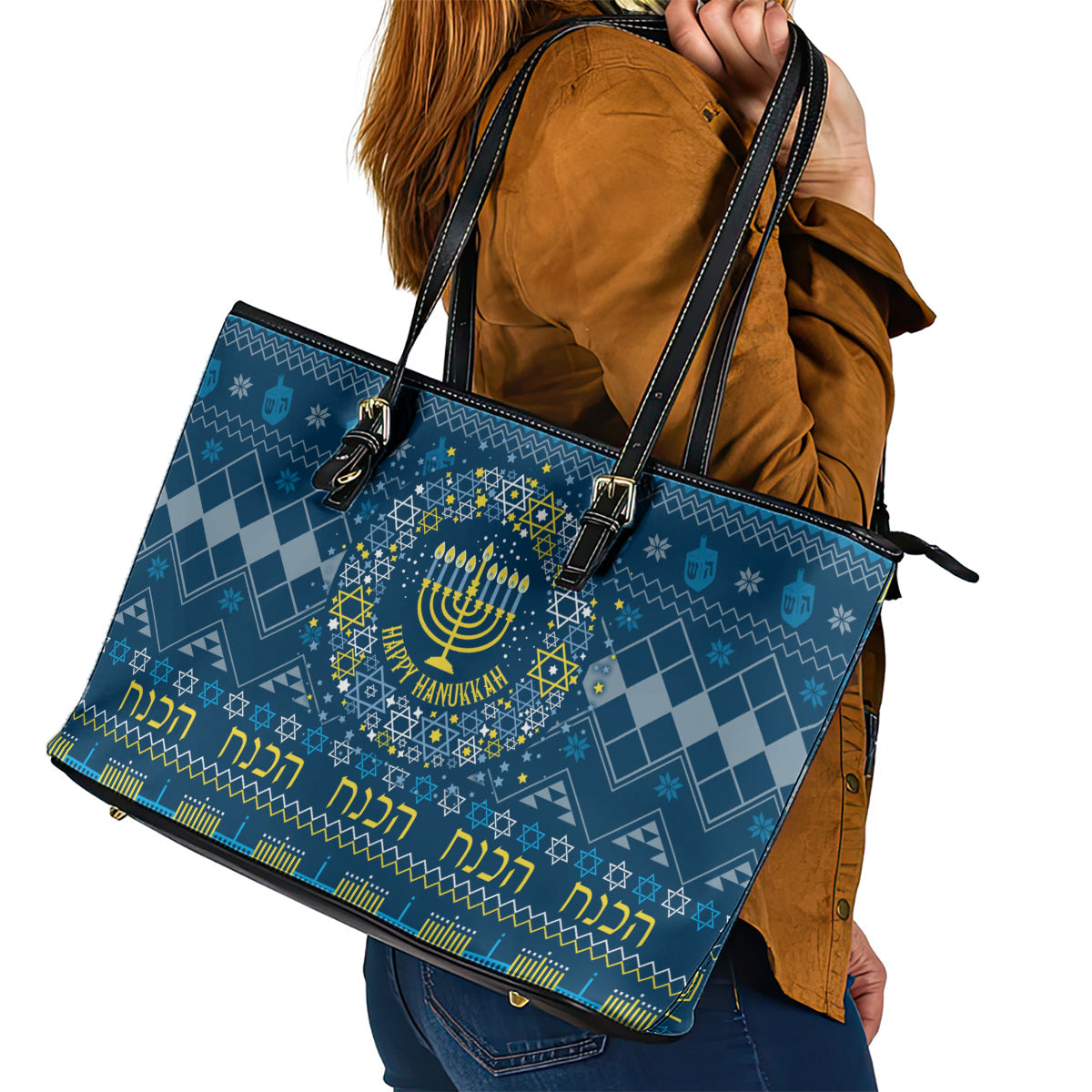 Happy Hanukkah Leather Tote Bag Love and Lights Menorah LT7