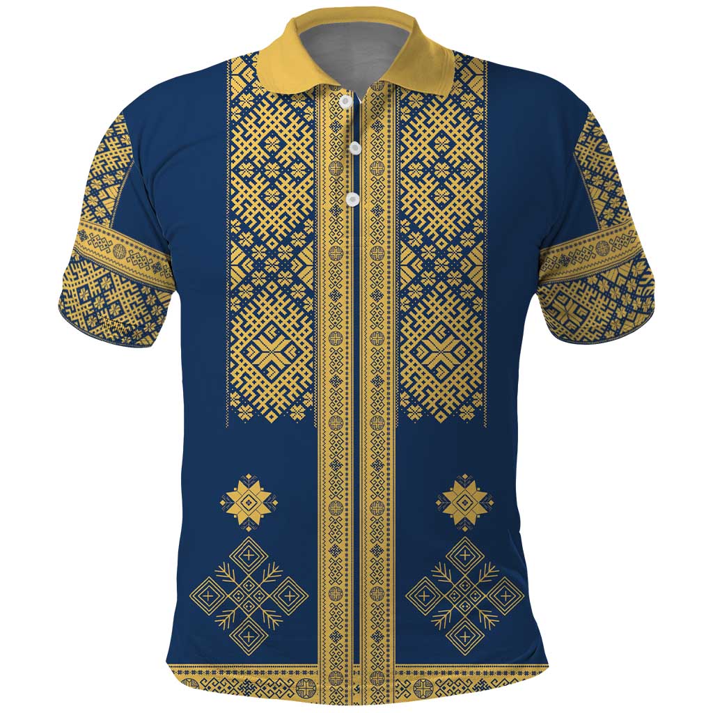Latvia Jani Midsummer Polo Shirt Blue Gold Latvijas Auseklis LT7